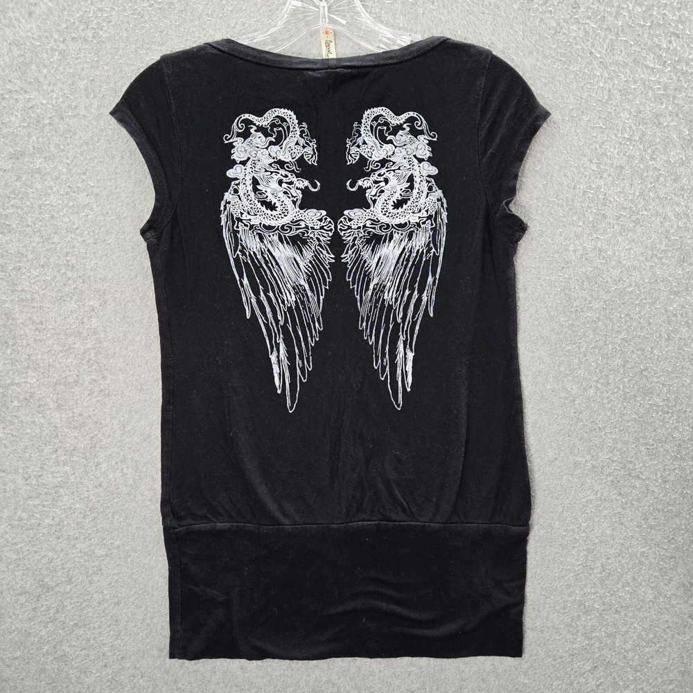 Anchor Blue Women‎ Top 1 Black Shirt Floral Angel Wings Dragon Rock Star